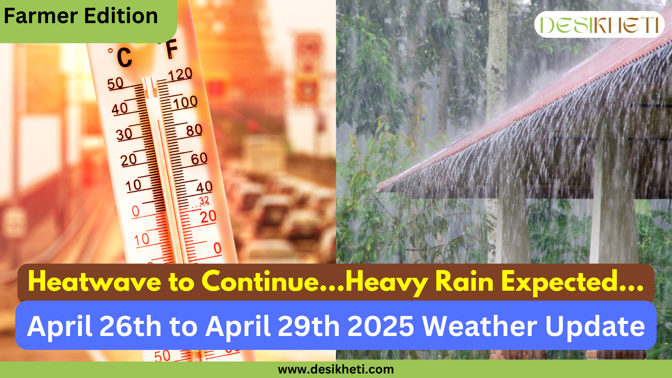 Farmer Edition. The image shows a thermometer reading high temperatures on the left, transitioning to heavy rainfall on the right, with water cascading off a roof. Text overlaid on the image reads "Heatwave to Continue...Heavy Rain Expected...", and below that, "April 26th to April 29th 2025 Weather Update". The "DESIKHETI" logo is visible at the top right, and "www.desikheti.com" is at the bottom.